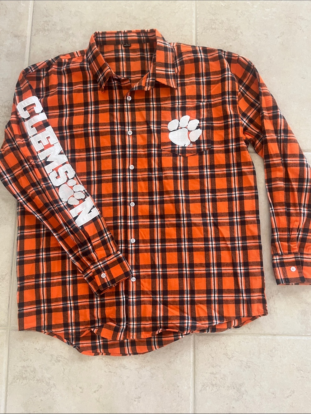 Clemson Men's Orange Plaid Button-Down Shirt with Paw Logo